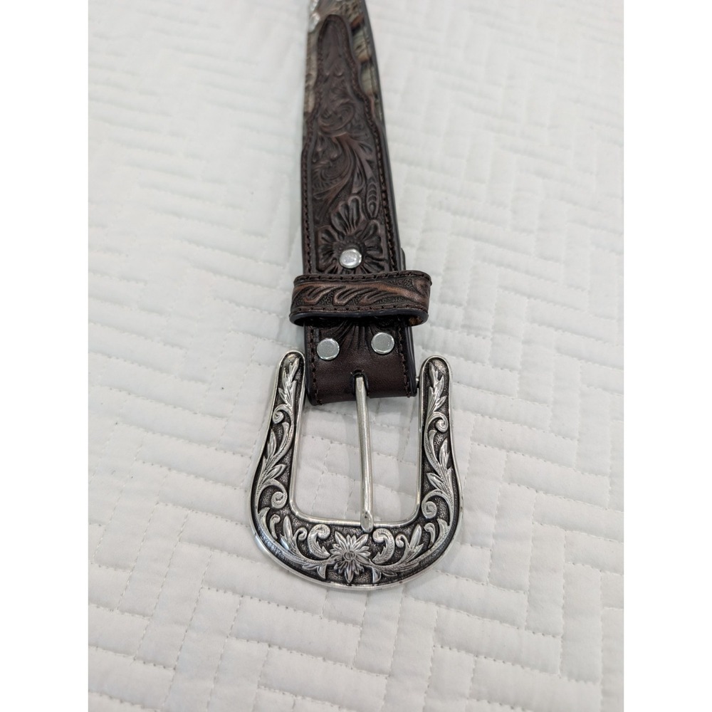 Shyanne Western Leather Belt Women M Brown Tooled Floral Studded Engraved Buckle